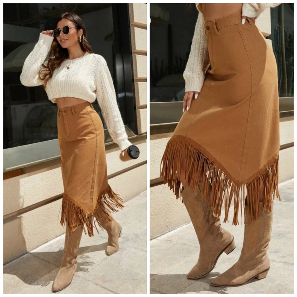 Fringe Hem Denim Midi Skirt Plus Size Tan Western Coastal Cowgirl NWT - Picture 3 of 11